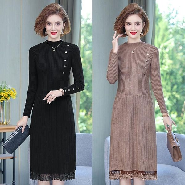 

casual dresses lace hem buttons women autumn winter sweater knitted a line ribbed slim elastic long sleeve lady bodycon midi, Black;gray