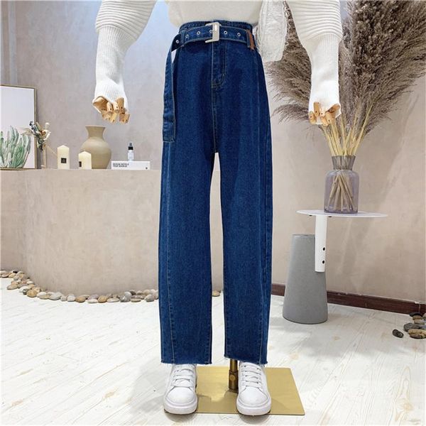 

women's jeans clothing 2021 autumn denim trousers all-match high waist loose drape straight wide leg pants with belt, Blue