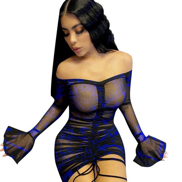 

casual dresses 2021 autumn nightclub women mesh dress slesh neck flare sleeves slimming waist see through mini dreaped drawstring, Black;gray