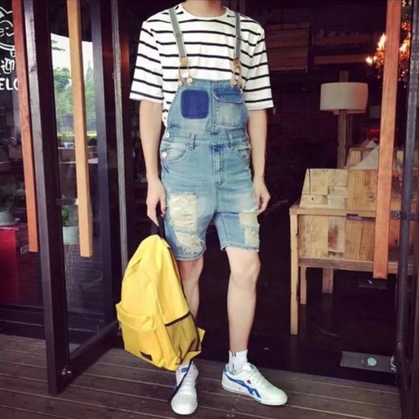 

men's jeans hop hip streetwear bib pants overall jean summer fashion men overalls hole ripped denim straps ankle length rompers, Blue