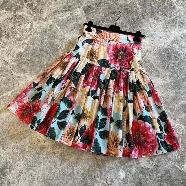 

skirts fashion flowers print ball gown for women 100% cotton elegant back-zipper pleated lady a5j4, Black