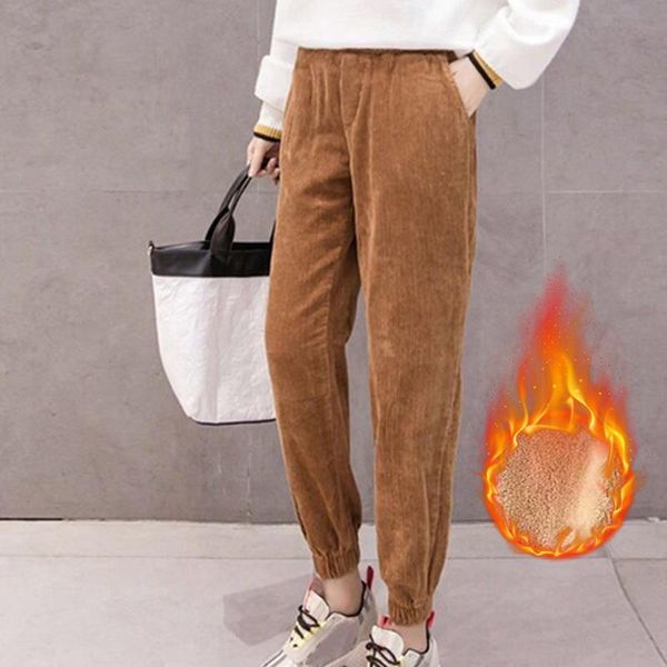 

women autumn winter solid color casual warm pants korea style ladies corduroy harem female loose high waist leggings women's & capris, Black;white
