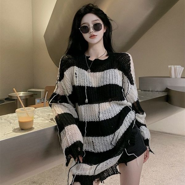 

women's sweaters pullovers of large dimensions hollowed out holly striped hollow sweater loose crocheted female autumn long sleeve midd, White;black