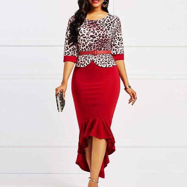 

leopard ruffles dress women spring 2021 vintage long party vestidos casual plus size slim bodycon maxi dresses with belt, Black;gray