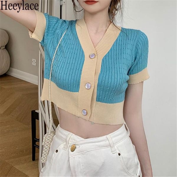 

women's knits & tees woman sweaters cardigan air knitted 2021 short sleeves contrast color small coat v-neck, White