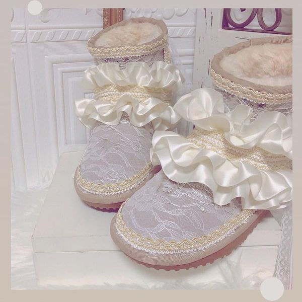 

original princess style lace gentle and thick-soled short tube thickened female boots snow retro winter, Black
