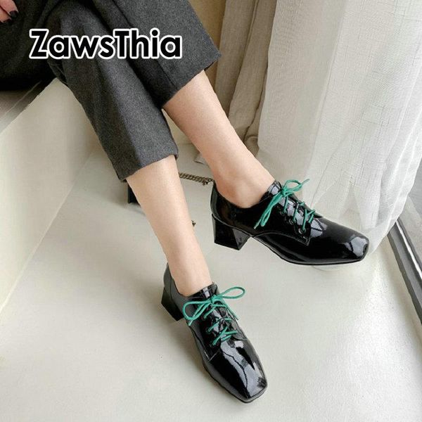 

dress shoes zawsthia 2021 patent leather square toe chunky high heels woman green lace brogue lace-up luxury women pumps, Black