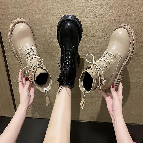 

boots rock shoes woman lolita round toe lace up flat heel clogs platform boots-women luxury designer ladies ankle low rubber 202, Black