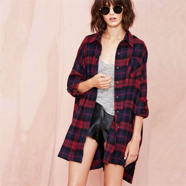 

4xl 5xl plus size tunics for women plaid shirts tartan blouses buttons pocket long sleeve baggy checkered shirts oversized 210401, White