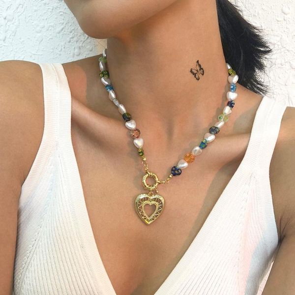 

chains lalynnly 2021 colorful multilayer simulation pearl rice beads flowers love pendant necklace for women beaded jewelry gift n9194, Silver
