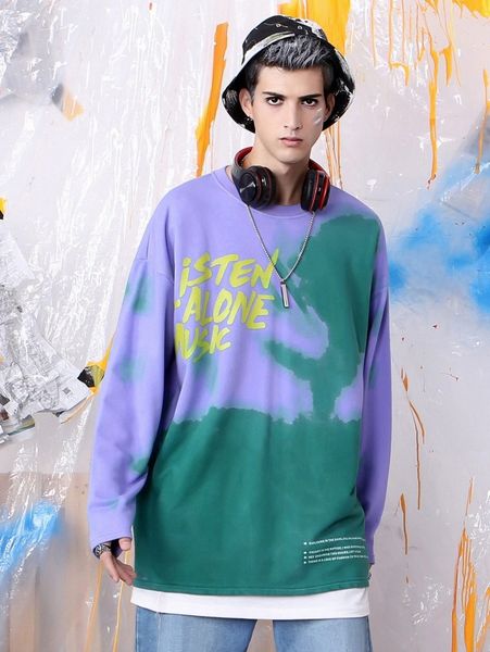 

men drop shoulder letter pattern colorblock pullover l7c6#, Black