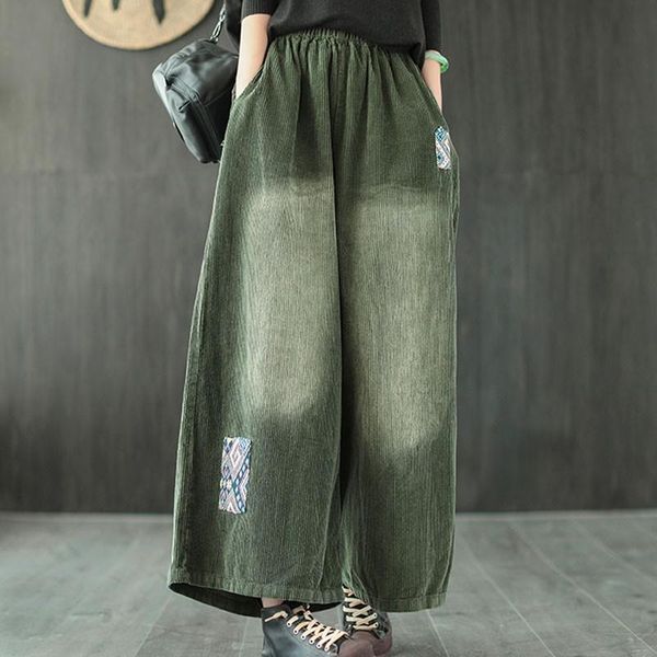 

fairynatural 2021 autumn loose elastic waist winter corduroy wide leg pants casual ladies vintage full length pockets trousers women's, Black;white