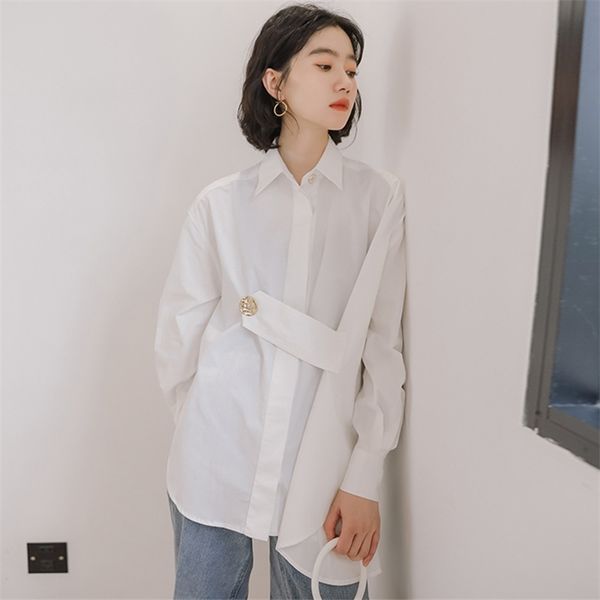 

casual design white women blouse turn-down collar long sleeve loose asymmertical female fashion clothing 210520