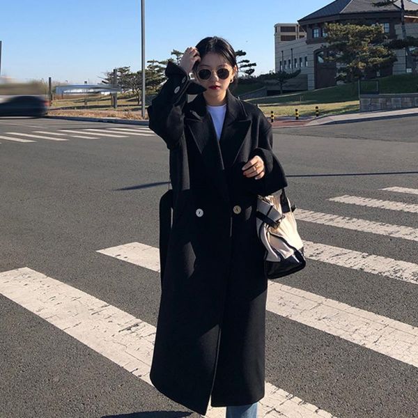 

women's wool & blends [ewq]2021 winter over knee style mujer turn-down collar long-sleeved solid color black straight minimalist woolen