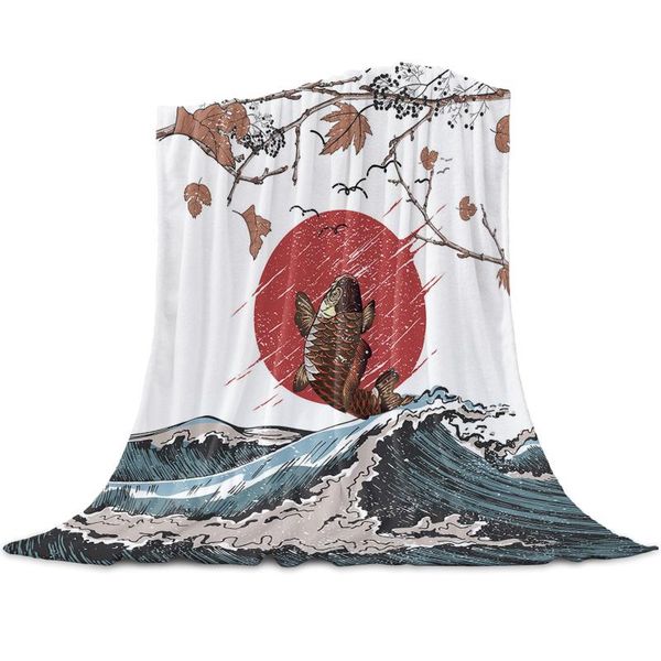 

blankets japanese style sea wave carp printed flannel throw blanket quilts keep warm sofa child home textiles family gift