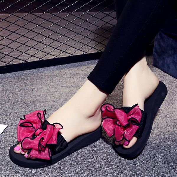 

women bow flip flops casual flower slippers ladies slip on flat shoes female fashion non slides beach sandals pink, Black