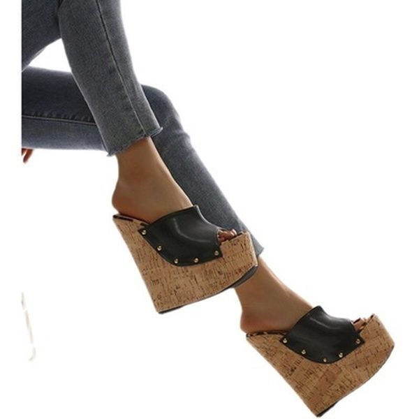 

dress shoes 2021 rivet peep toe platform wedge slippers black summer woman super high sandal mules sandals