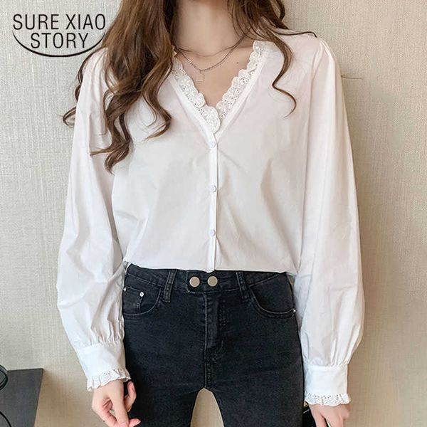 

autumn white puff long sleeve chiffon shirt women casual plus size lace women blouse v-neck cardigan ladies clothing 10621 210528
