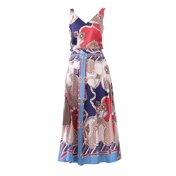 

red apricot fashion print v neck sleeveless sling backless zipper midi skirt two-piece set summer t0175 210514, White
