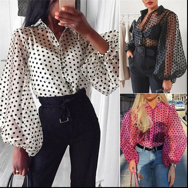 

women womens shirts lace mesh sheer see through blouse long sleeve polka dot printed puff button up perspective top, White