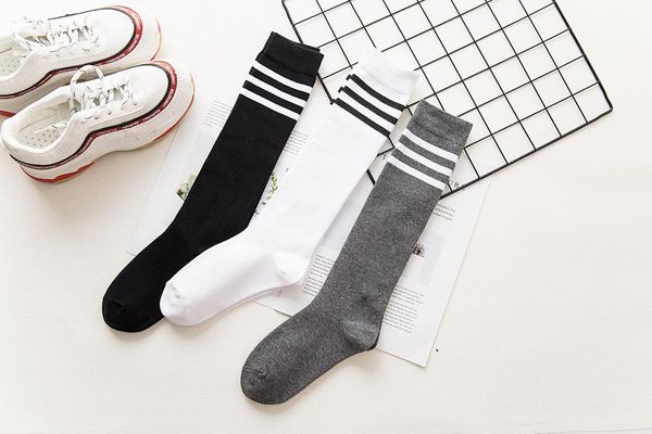 

sports socks women's casual stripe knee high, Black