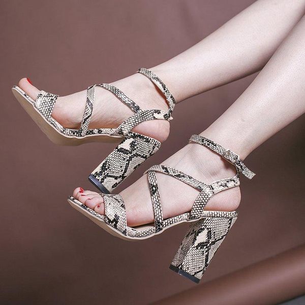 

dress shoes women summer sandals open toe snake pu leather woman zapatos mujer ladies chunky high heels pumps chaussure femme ui89, Black