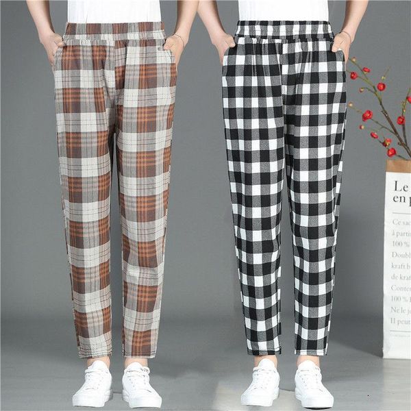 

women's pants & capris ms. cotton and linen plaid harun 2021 spring/summer slim casual nine-point, Black;white