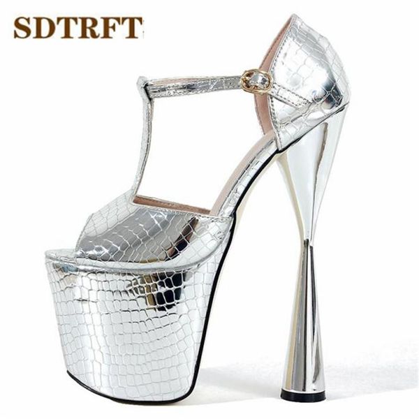 

11 12 summer sandals 20cm strange stryle high-heeled female shoes gold/sliver platform women t-strap peep toe pumps, Black