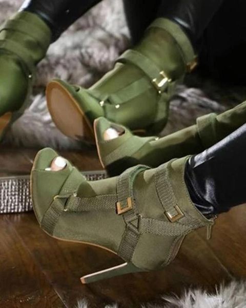 

fashion peep toe suede leather women shoes stiletto heel short boots buckle strap black army green high ankle booties