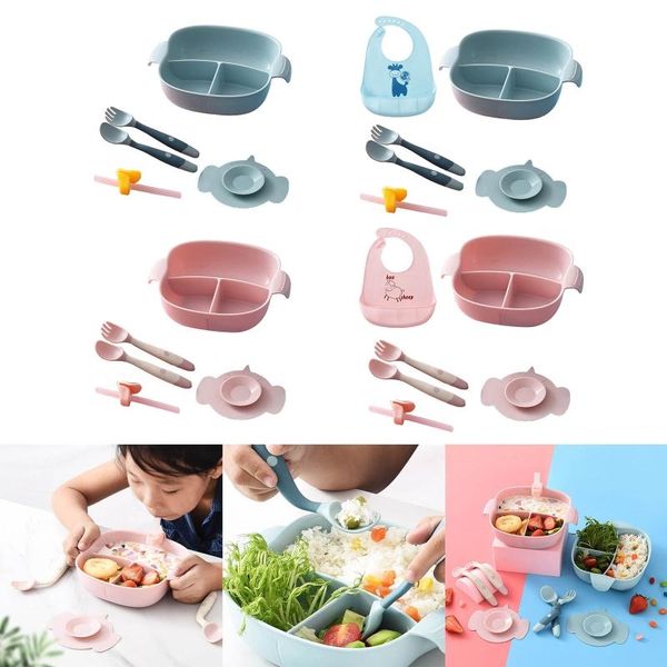 

baby divided plate bowl suction cup dish spoon fork bibs straw tableware set infant learning feeding training dinnerware cups, dishes & uten