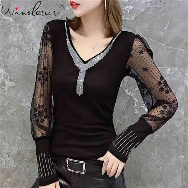 

women t-shirt cotton diamonds tee spring female t shirt lantern sleeve lace v neck tshirts for clothing t03015b 210421, Black;gray