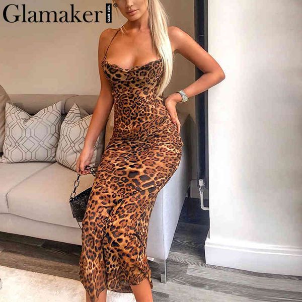 Glamaker Leopard Imprimir Lace Up Mulheres Maxi Vestido Verão Sexy Beach Party Dress Feminino Slim Magro Longo Sundress Retro Vestidos X0521