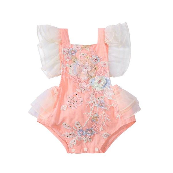 

rompers 0-24 months born baby girls summer clothes cute ruffle sleeve floral embroidered backless bodysuit princess, Blue