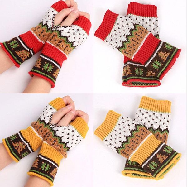 

five fingers gloves thicken woolen christmas tree printing fingerless short arm sleeve knitted winter keep warm half-finger, Blue;gray