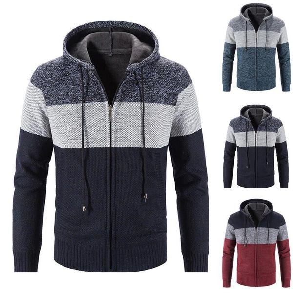 

men's sweaters cardigan knitted hooded patchwork slim fit winter warm zipper sweater jumper jackets coat, White;black