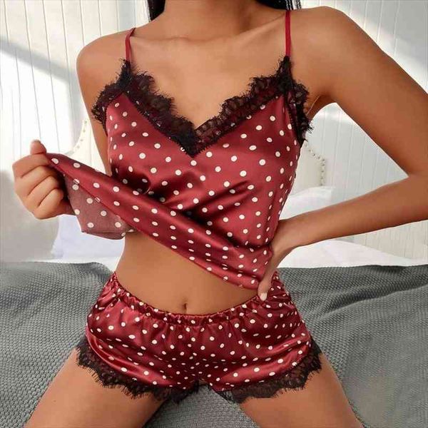 

lace pijama dot print women sleepwear pajama sets v neck stretch satin lingerie pajamas home wear nightwear clothing, Black;red