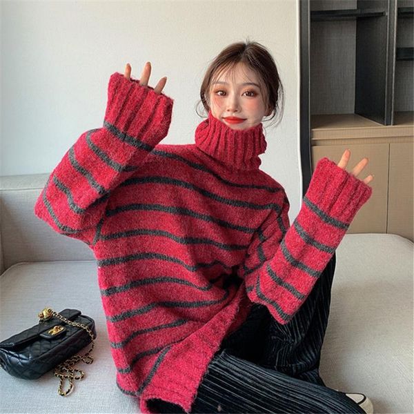 

women's sweaters sweater autumn winter korean style oversized loose soft comfortable striped turtleneck sweet pullover women, White;black