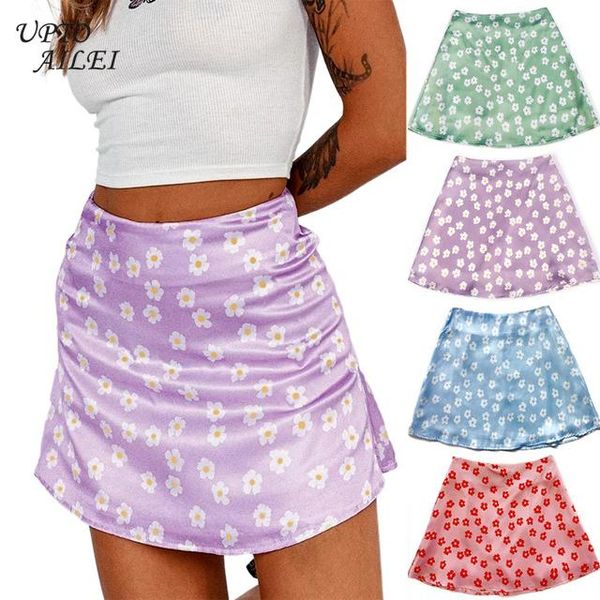 

women floral print purple satin skirt lolita pink streetwear short skirts with invisible zipper woman clothing summer, Black