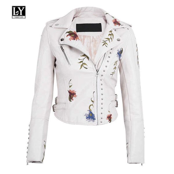 

ly varey lin faux soft leather jacket women embroidery floral pu motorcycle epaulet zipper punk outerwear 210526, Black