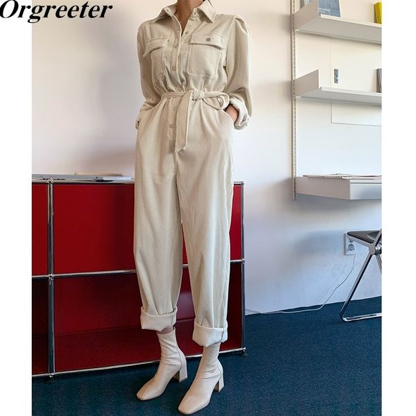 

spring autumn chic corduroy jumpsuits romper for women turn-down collar lace up safari style jumpsuit casual overalls 210525, Black;white