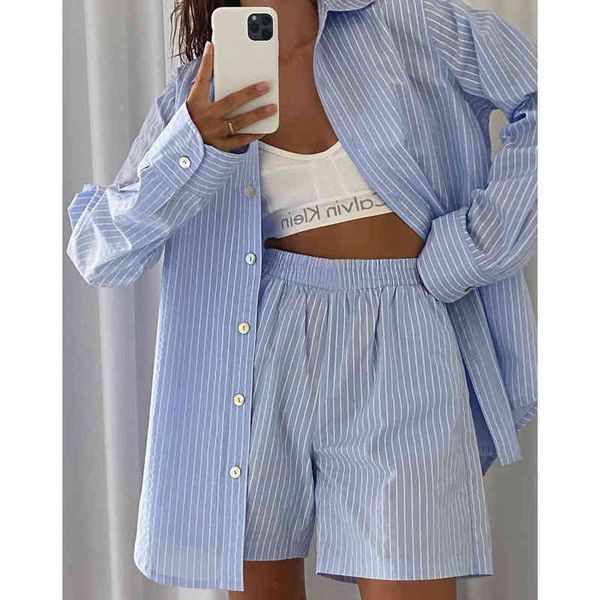 

blue striped long sleeve shorts women sets single-breasted shirt high waist loose pants female 2 pieces set summer casual 210518, White