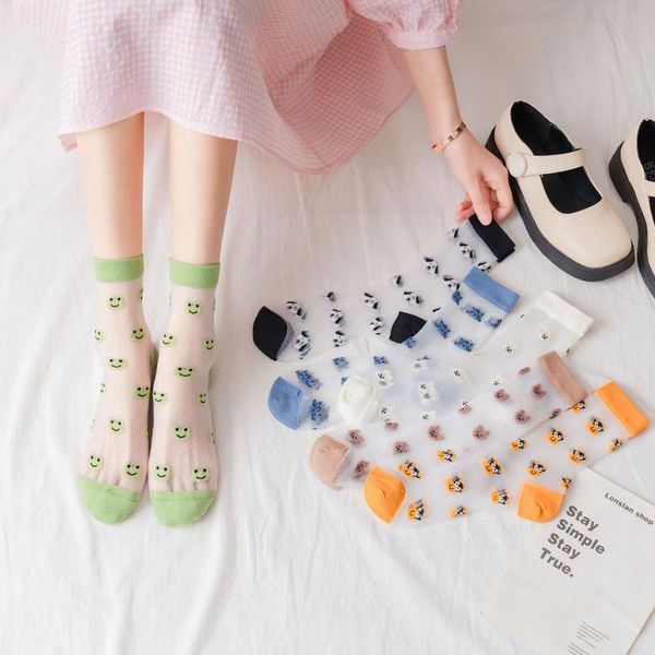 

socks & hosiery cartoon women summer thin middle tube transparent animal cat dog funny kawaii cute sheer socket indie happy, Black;white