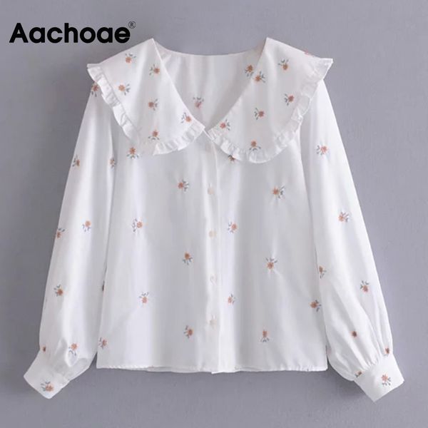 

aachoae women sweet floral embroidery cotton shirts long sleeve elegant ruffles blouse peter paan collar chic shirt 210413, White