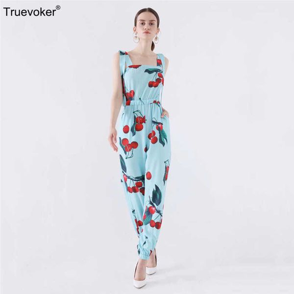 

truevoker summer designer long jumpsuit women's high end fashion cherry fruit printed blue casual vocation resort overall 210602, Black;white