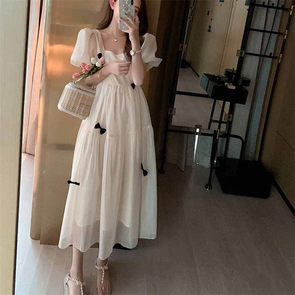 

french square collar midi dress vintage sweet female puff sleeve casual street party vestidos 210510, Black;gray
