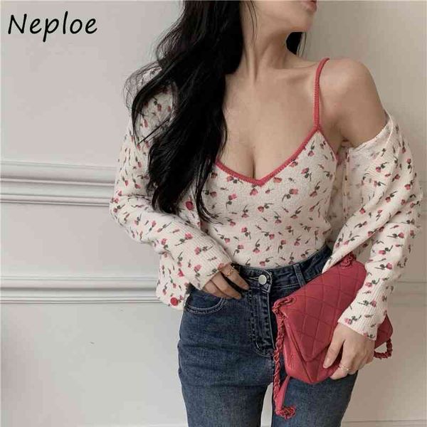

neploe o neck long sleeve single breast knit sweater cardigans women vintage print slim fit pull femme spring sueter 210510, White;black