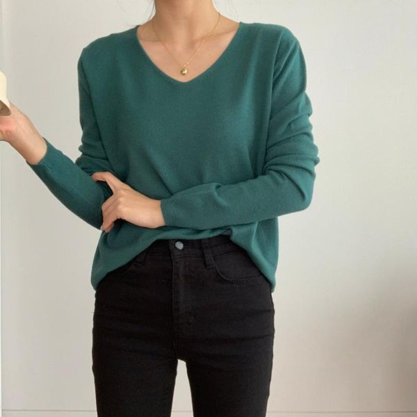 

women's sweaters 7 colors elegant v-neck basic sweater vintage solid pullovers long sleeve loose knitted woman clothes gfkr, White;black