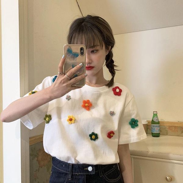 

women's t-shirt spring and summer 2021 sweet three-dimensional florets loose sanding short-sleeved clothing, White