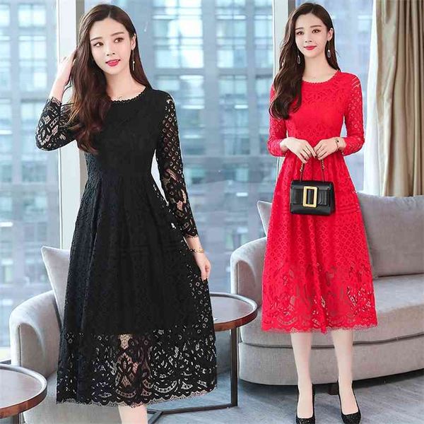 

autumn winter plus size vintage lace midi dresses women elegant bodycon black dress party long sleeve runway vestidos 210528, Black;gray