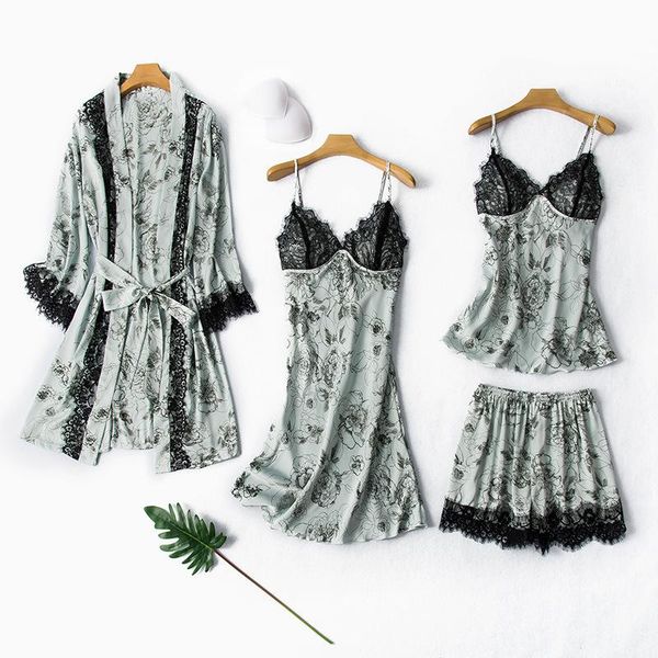 

women's sleepwear 4pcs women night robe set dress 21-577, Black;red